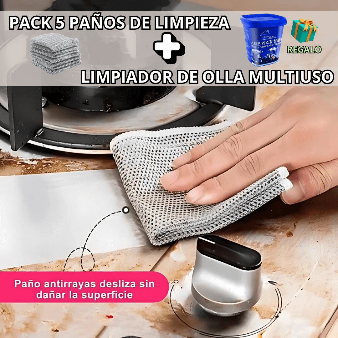 Pack 5 Paño Aluminio Gris + Pasta limpia ollas Multiuso 500g