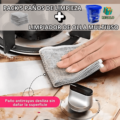 Pack 5 Paño Aluminio Gris + Pasta limpia ollas Multiuso 500g
